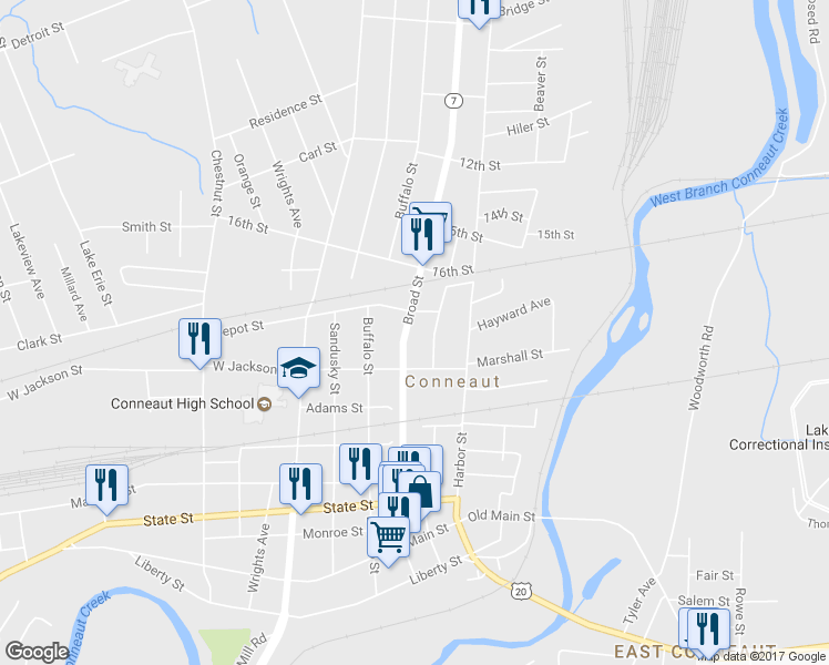 map of restaurants, bars, coffee shops, grocery stores, and more near 424 Broad St in Conneaut