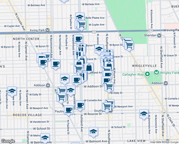 map of restaurants, bars, coffee shops, grocery stores, and more near 3703 North Bosworth Avenue in Chicago