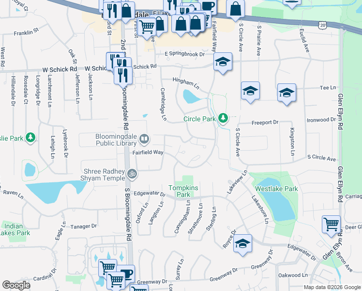 map of restaurants, bars, coffee shops, grocery stores, and more near 150 Quincy Court in Bloomingdale