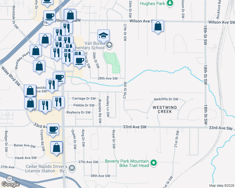map of restaurants, bars, coffee shops, grocery stores, and more near 2903 Stratford Lane Southwest in Cedar Rapids