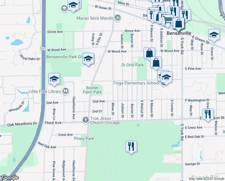 map of restaurants, bars, coffee shops, grocery stores, and more near 310 Miner Street in Bensenville
