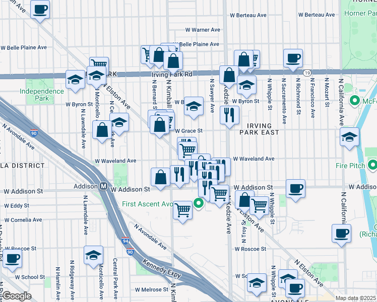 map of restaurants, bars, coffee shops, grocery stores, and more near 3717 North Christiana Avenue in Chicago