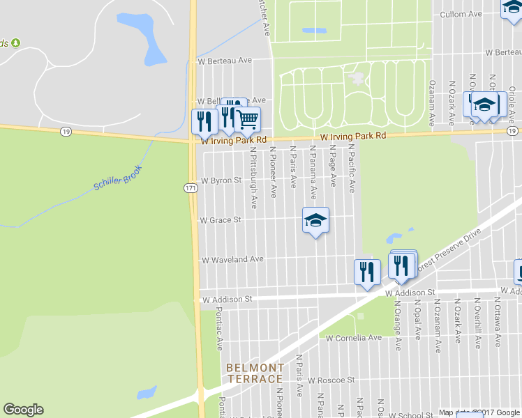 map of restaurants, bars, coffee shops, grocery stores, and more near 3815 North Pittsburgh Avenue in Chicago