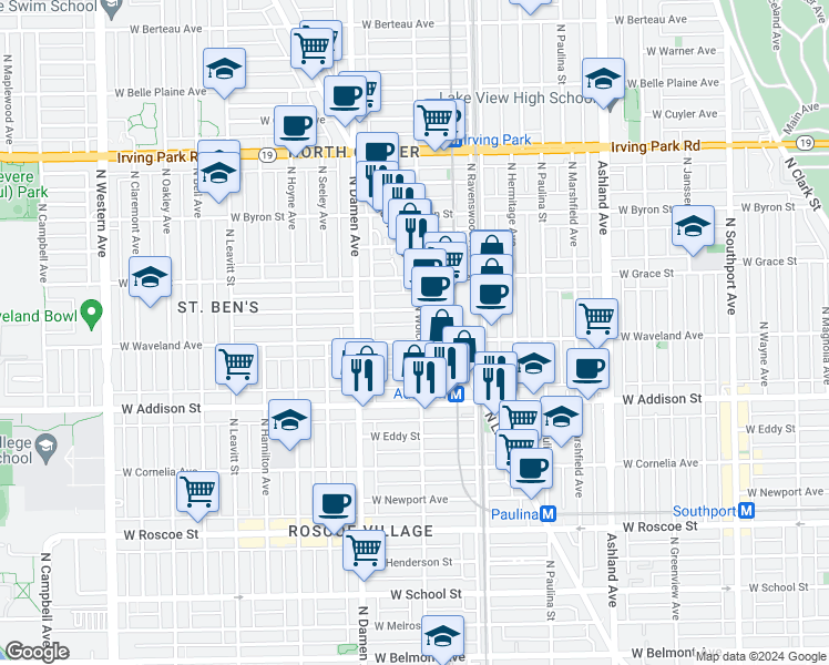 map of restaurants, bars, coffee shops, grocery stores, and more near 1900 West Waveland Avenue in Chicago