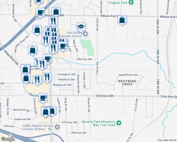 map of restaurants, bars, coffee shops, grocery stores, and more near 2903 Stratford Lane Southwest in Cedar Rapids