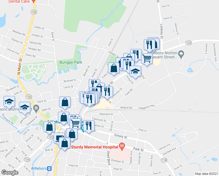 map of restaurants, bars, coffee shops, grocery stores, and more near 145 Pleasant Street in Attleboro