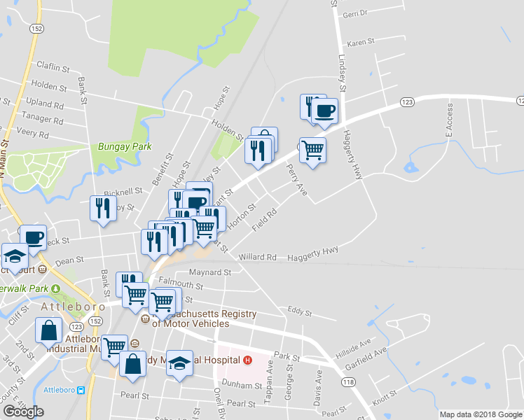 map of restaurants, bars, coffee shops, grocery stores, and more near 33 Horton Street in Attleboro