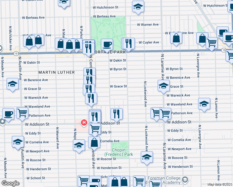 map of restaurants, bars, coffee shops, grocery stores, and more near 5436 West Warwick Avenue in Chicago