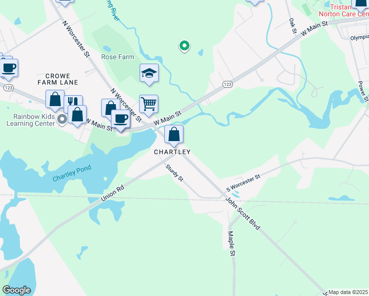 map of restaurants, bars, coffee shops, grocery stores, and more near 34R South Worcester Street in Norton