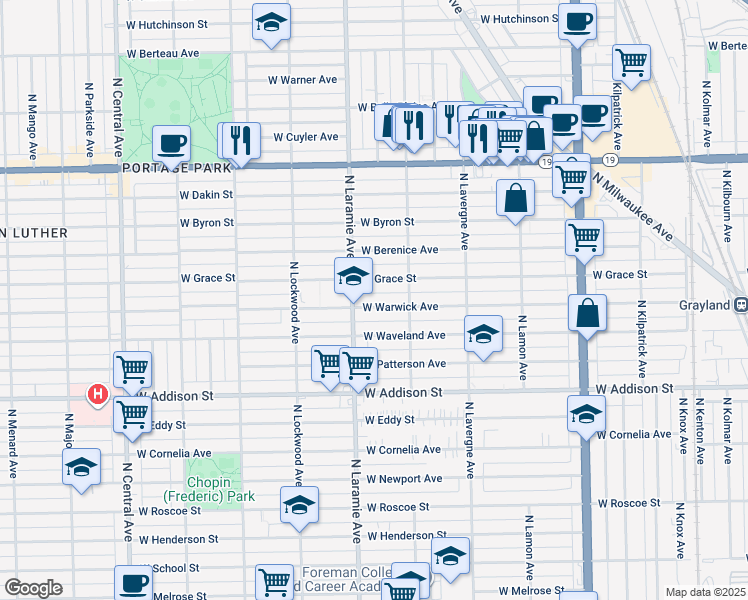 map of restaurants, bars, coffee shops, grocery stores, and more near 5140 West Warwick Avenue in Chicago