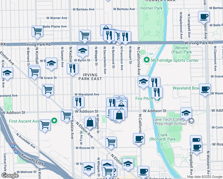 map of restaurants, bars, coffee shops, grocery stores, and more near 3712 North Richmond Street in Chicago