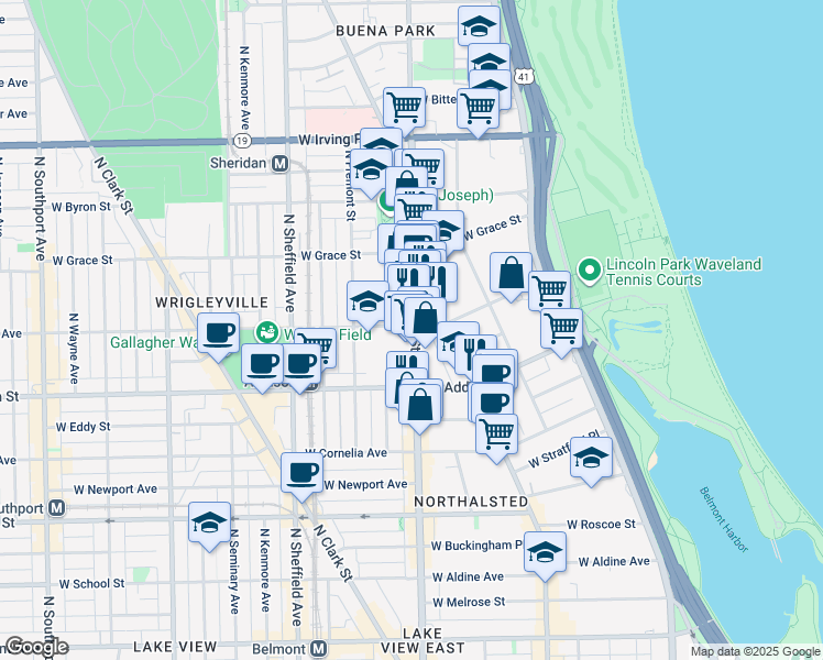 map of restaurants, bars, coffee shops, grocery stores, and more near 3656 North Halsted Street in Chicago