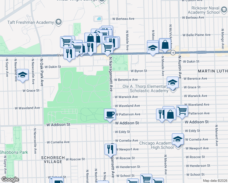 map of restaurants, bars, coffee shops, grocery stores, and more near 3751 North Narragansett Avenue in Chicago
