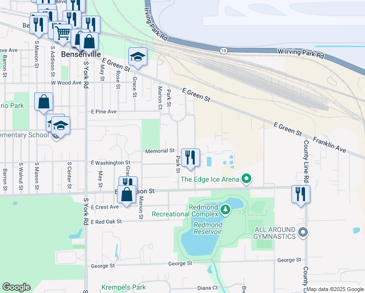 map of restaurants, bars, coffee shops, grocery stores, and more near 359 Park Street in Bensenville