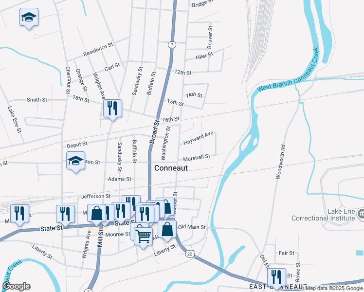 map of restaurants, bars, coffee shops, grocery stores, and more near 410 Harbor Street in Conneaut