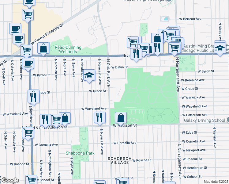 map of restaurants, bars, coffee shops, grocery stores, and more near 3754 North Rutherford Avenue in Chicago