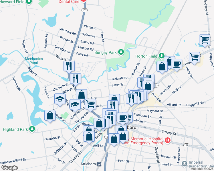 map of restaurants, bars, coffee shops, grocery stores, and more near 118 Bank Street in Attleboro
