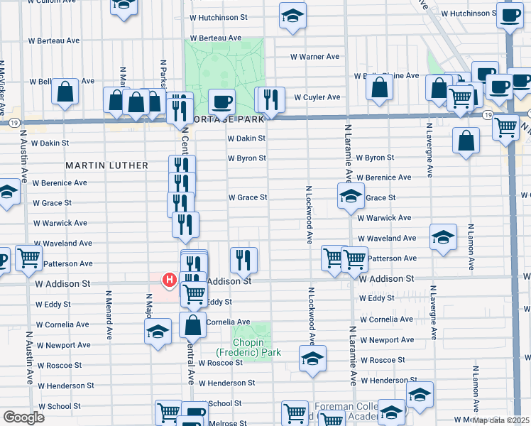 map of restaurants, bars, coffee shops, grocery stores, and more near 5400 West Warwick Avenue in Chicago