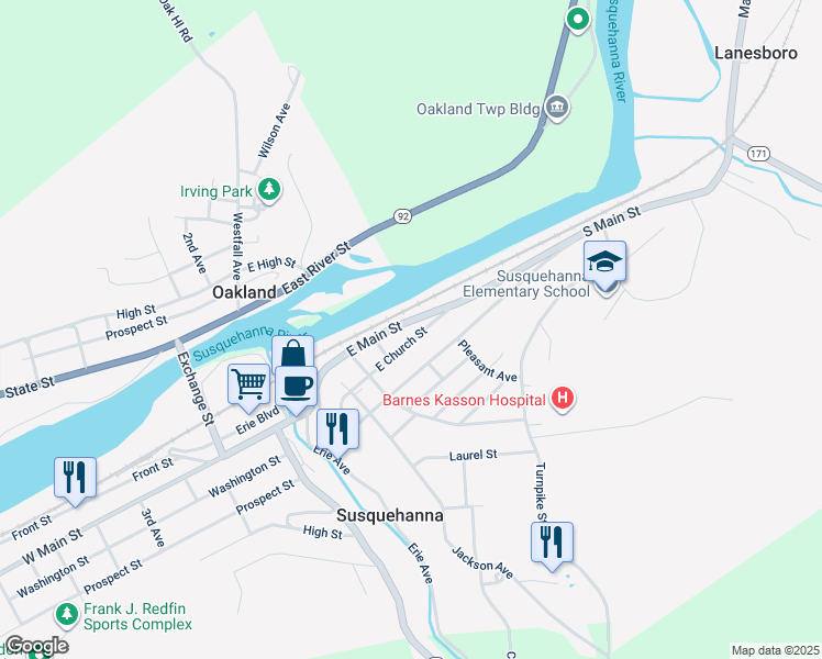 map of restaurants, bars, coffee shops, grocery stores, and more near 175 East Church Street in Susquehanna