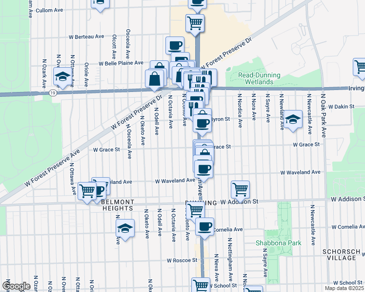 map of restaurants, bars, coffee shops, grocery stores, and more near 3800 North Oconto Avenue in Chicago