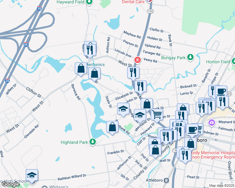 map of restaurants, bars, coffee shops, grocery stores, and more near 12 Water Street in Attleboro