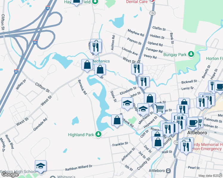 map of restaurants, bars, coffee shops, grocery stores, and more near 23 Milk Street in Attleboro