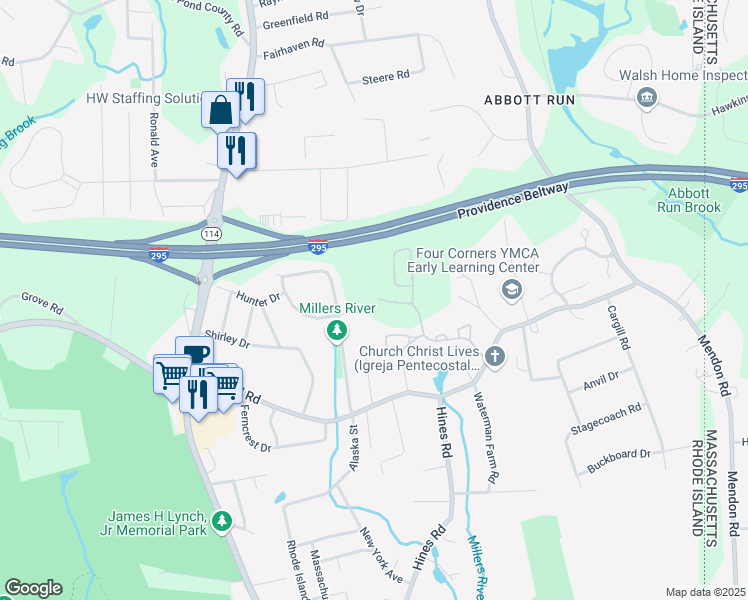 map of restaurants, bars, coffee shops, grocery stores, and more near 156 Bear Hill Road in Cumberland