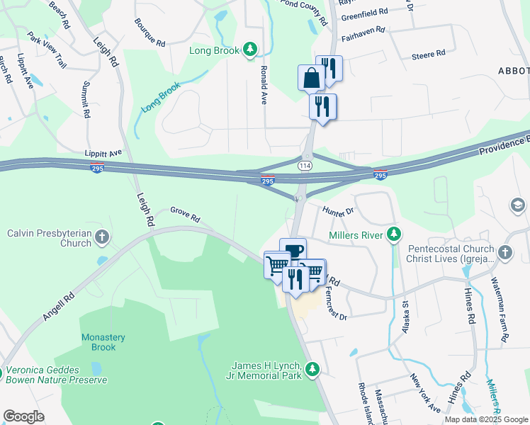 map of restaurants, bars, coffee shops, grocery stores, and more near 10 Old Diamond Hill Road in Cumberland