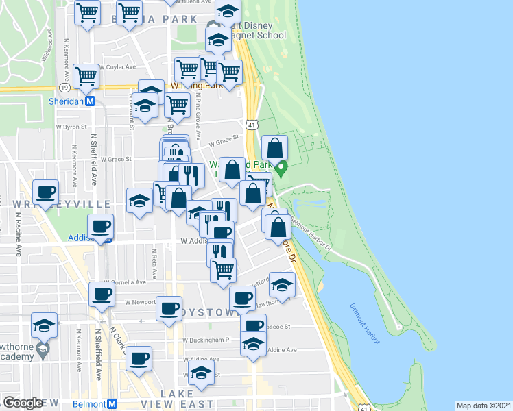 map of restaurants, bars, coffee shops, grocery stores, and more near 520 West Addison Street in Chicago