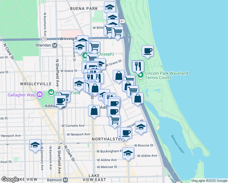 map of restaurants, bars, coffee shops, grocery stores, and more near 604 West Patterson Avenue in Chicago