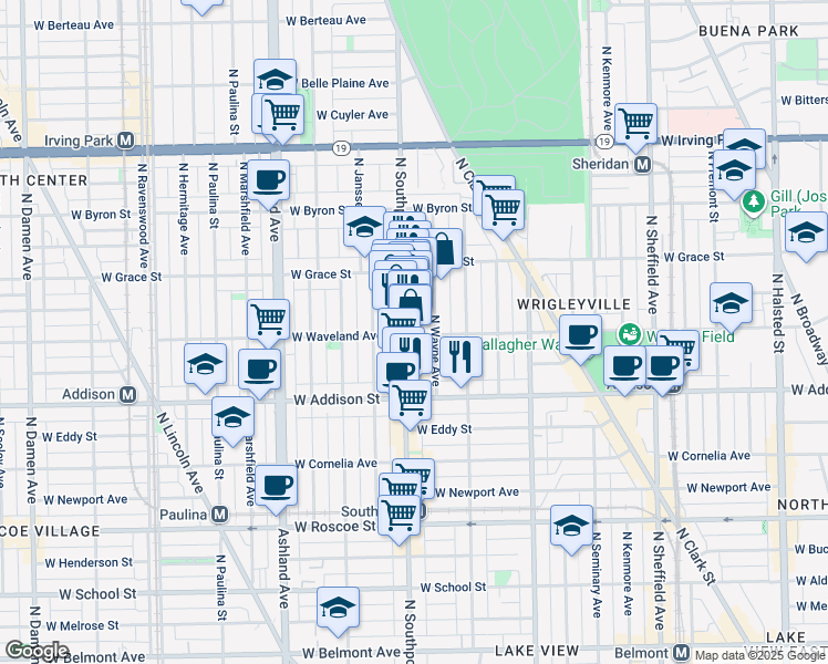 map of restaurants, bars, coffee shops, grocery stores, and more near 1336 West Waveland Avenue in Chicago