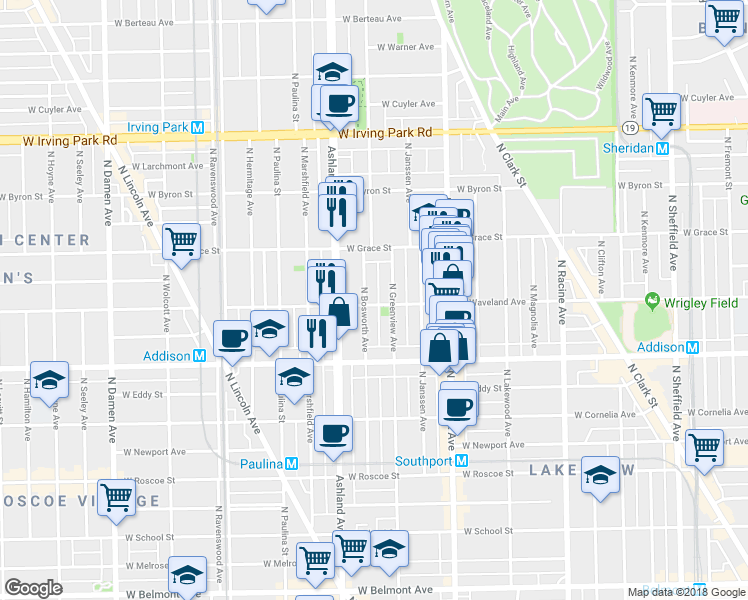 map of restaurants, bars, coffee shops, grocery stores, and more near 3703 North Bosworth Avenue in Chicago