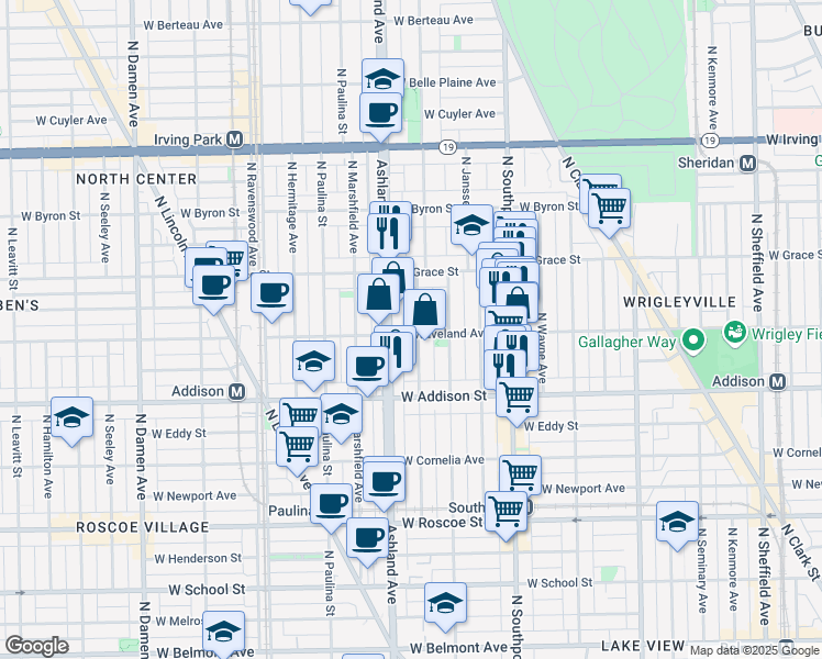 map of restaurants, bars, coffee shops, grocery stores, and more near 3703 North Bosworth Avenue in Chicago