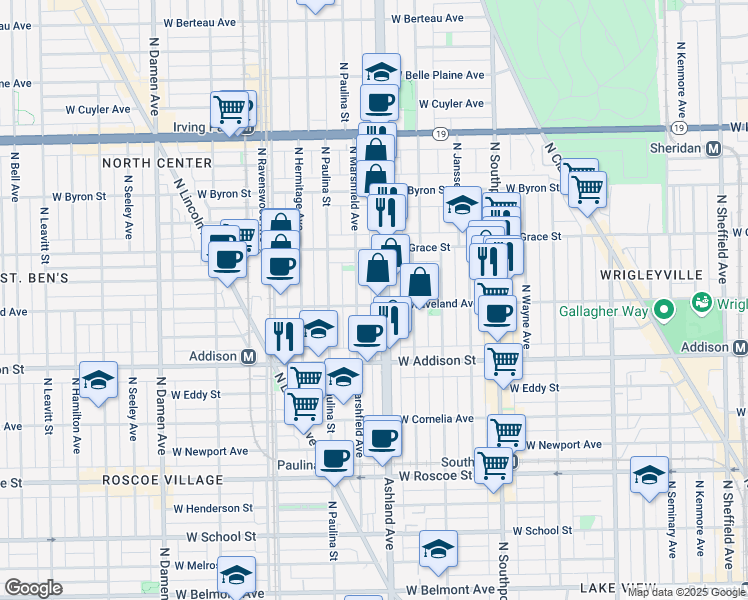 map of restaurants, bars, coffee shops, grocery stores, and more near 1600 West Waveland Avenue in Chicago