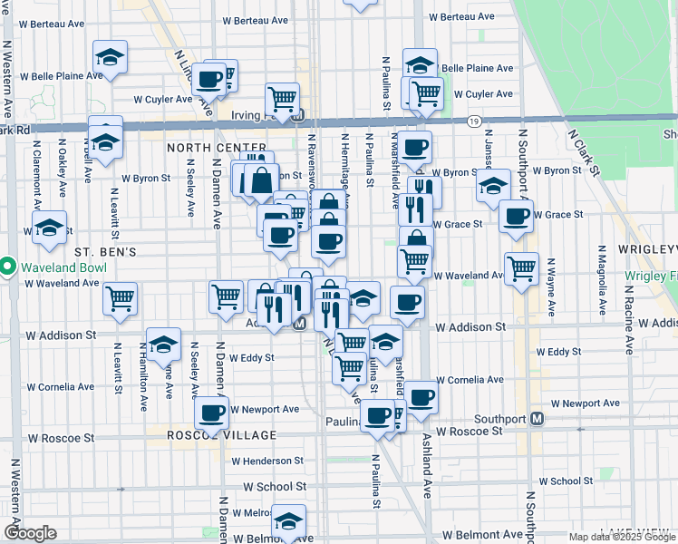 map of restaurants, bars, coffee shops, grocery stores, and more near 3701 North Ravenswood Avenue in Chicago