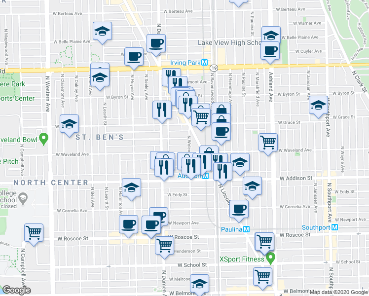 map of restaurants, bars, coffee shops, grocery stores, and more near 1900 West Waveland Avenue in Chicago