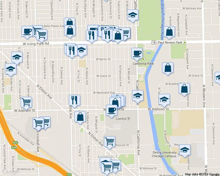 map of restaurants, bars, coffee shops, grocery stores, and more near 3712 North Richmond Street in Chicago