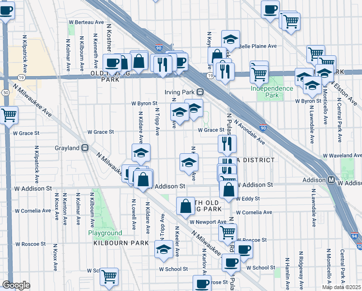 map of restaurants, bars, coffee shops, grocery stores, and more near 3727 North Keeler Avenue in Chicago