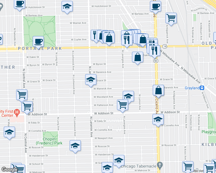 map of restaurants, bars, coffee shops, grocery stores, and more near 3737 North Leclaire Avenue in Chicago