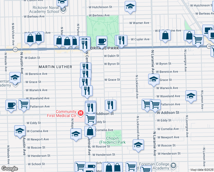 map of restaurants, bars, coffee shops, grocery stores, and more near 5436 West Warwick Avenue in Chicago