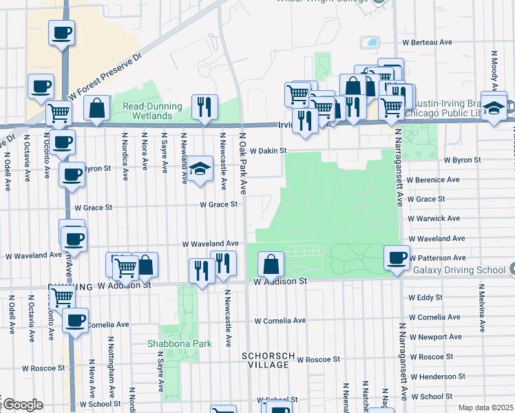 map of restaurants, bars, coffee shops, grocery stores, and more near 3754 North Rutherford Avenue in Chicago