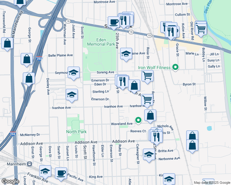 map of restaurants, bars, coffee shops, grocery stores, and more near 3878 Ruby Street in Schiller Park