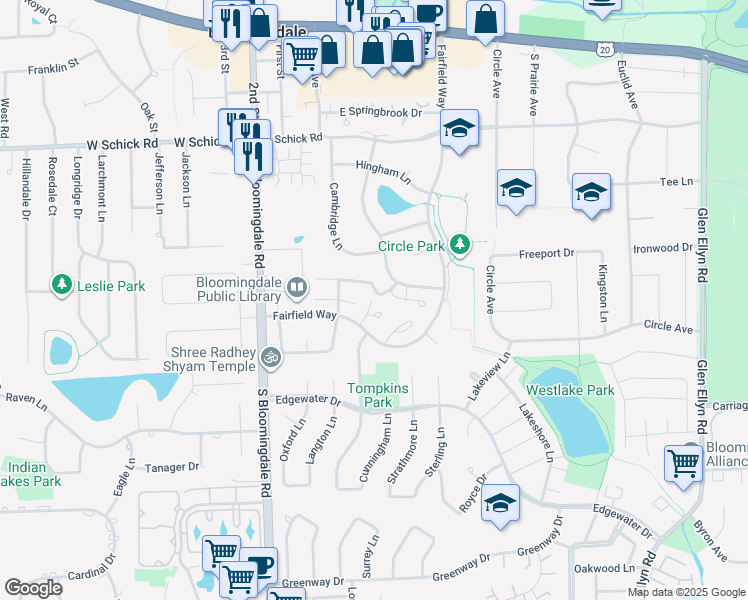 map of restaurants, bars, coffee shops, grocery stores, and more near 150 Quincy Court in Bloomingdale