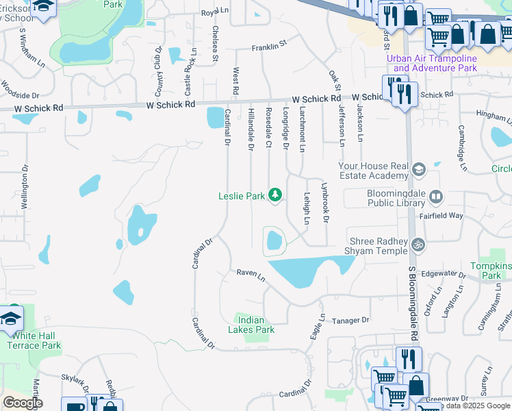 map of restaurants, bars, coffee shops, grocery stores, and more near 229 Hillandale Drive in Bloomingdale