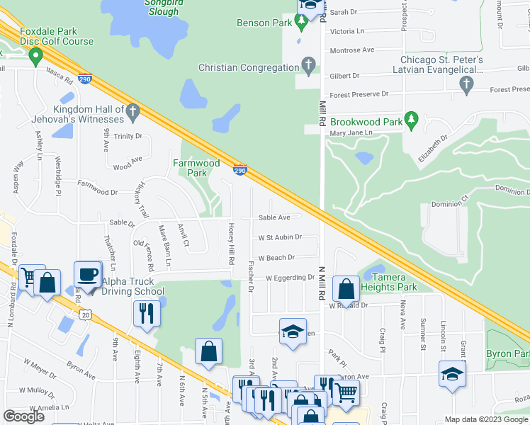 map of restaurants, bars, coffee shops, grocery stores, and more near 732 Sable Avenue in Addison