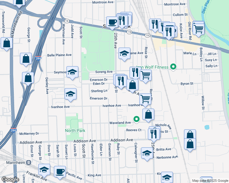 map of restaurants, bars, coffee shops, grocery stores, and more near 3878 Ruby Street in Schiller Park