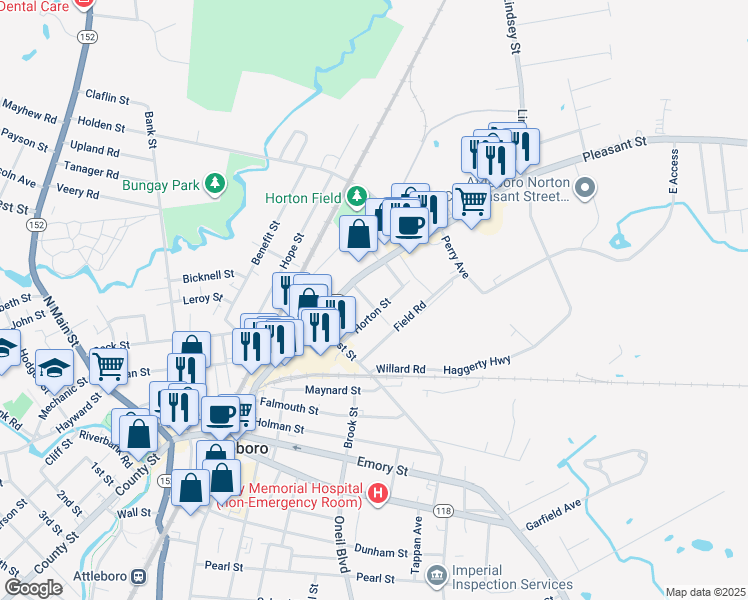 map of restaurants, bars, coffee shops, grocery stores, and more near 12 Gustin Avenue in Attleboro