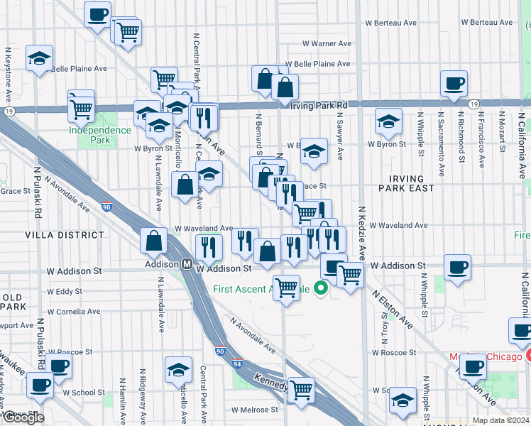 map of restaurants, bars, coffee shops, grocery stores, and more near 3721 North Bernard Street in Chicago