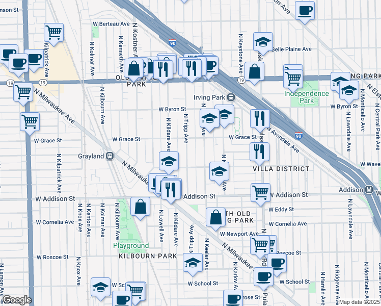 map of restaurants, bars, coffee shops, grocery stores, and more near 3729 North Tripp Avenue in Chicago