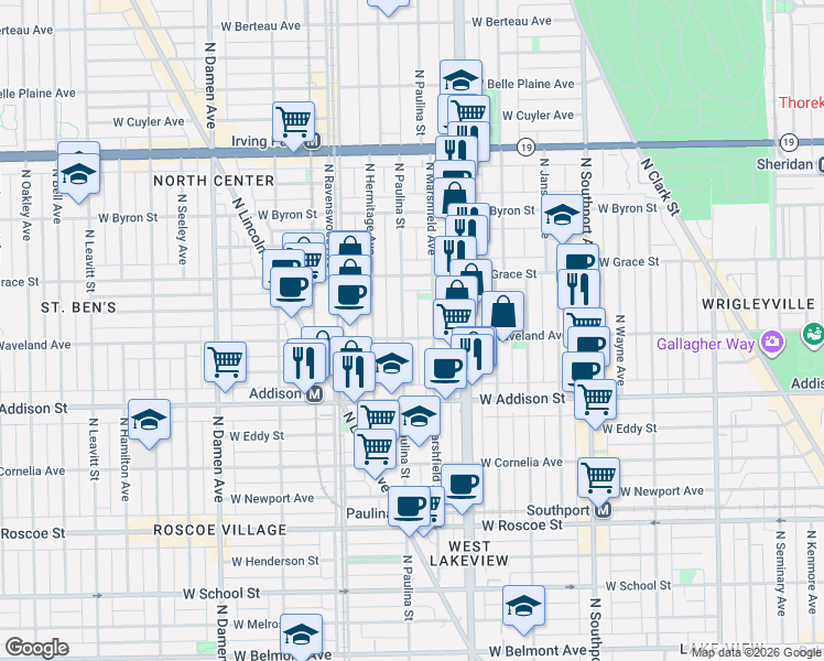 map of restaurants, bars, coffee shops, grocery stores, and more near 3704 North Marshfield Avenue in Chicago